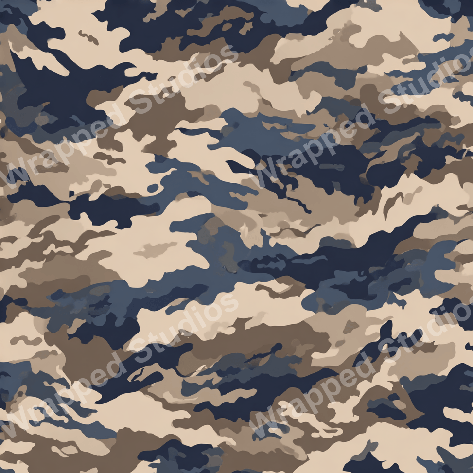 Seamless camouflage pattern in shades of navy blue, brown, and beige creates an abstract military design.