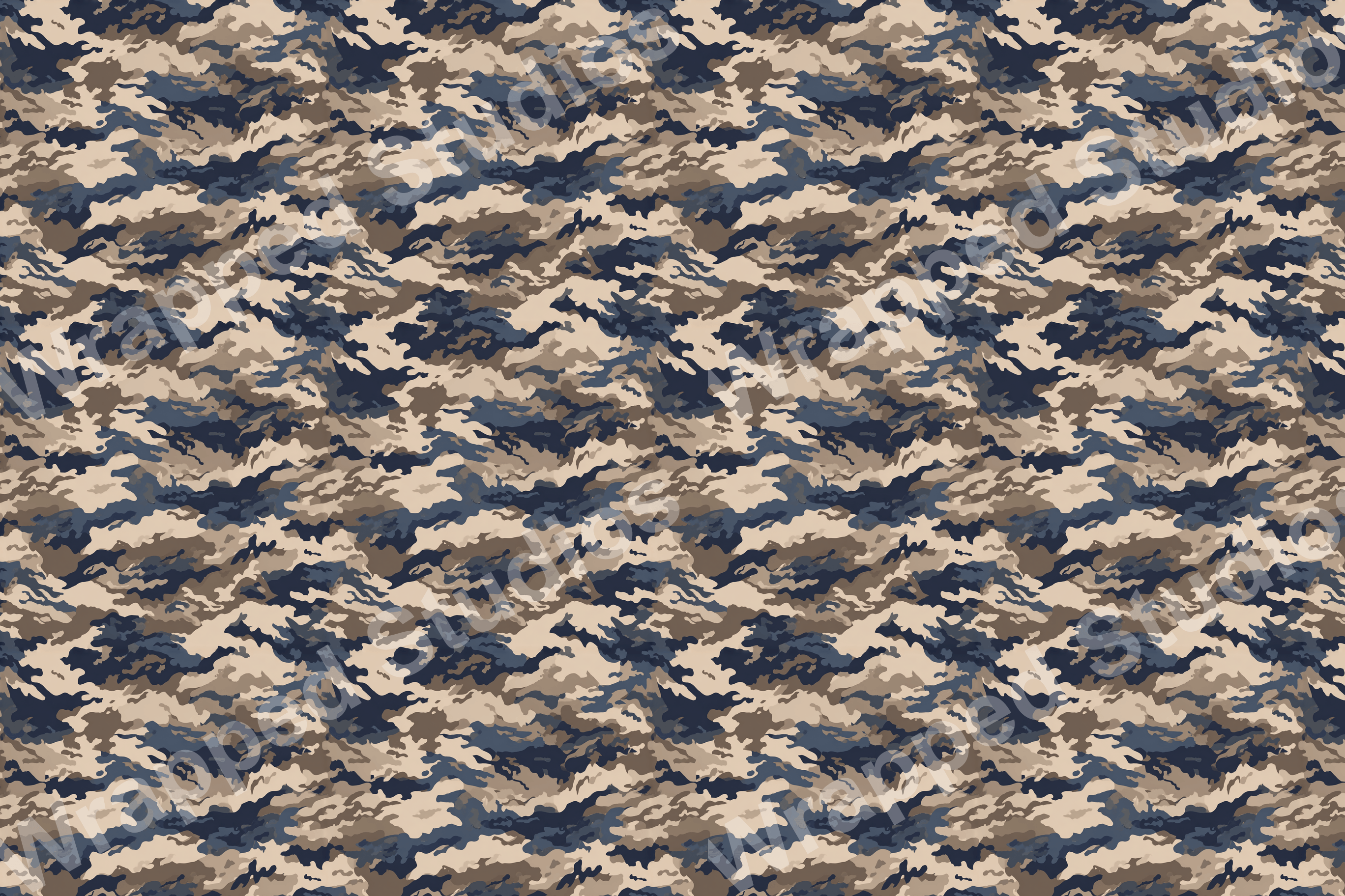 Seamless camouflage pattern design in shades of blue, brown, and beige.