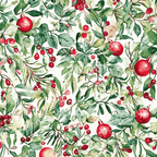 Vintage-style botanical pattern with leafy foliage, red berries, and Christmas ornaments.