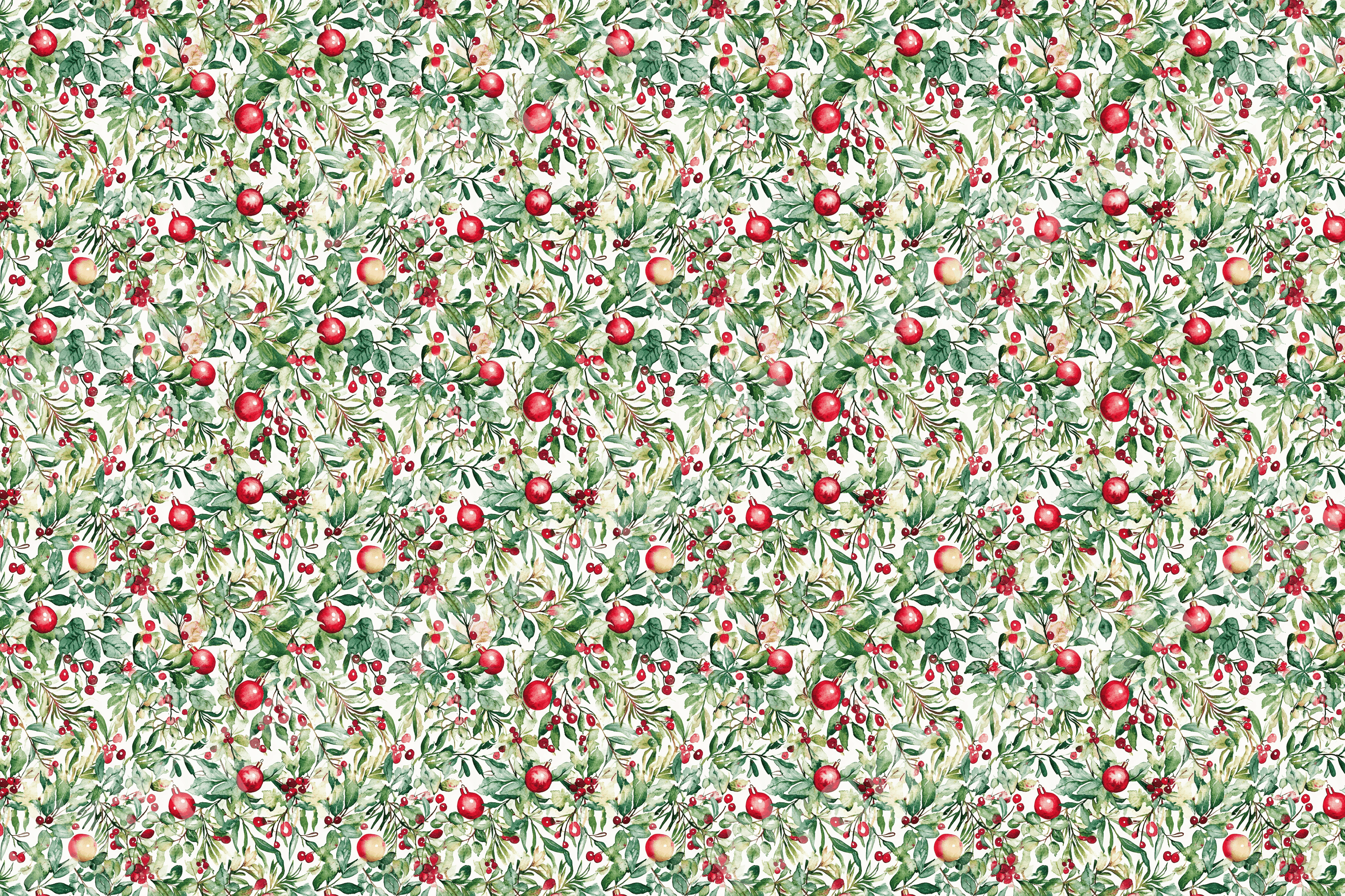 Vintage botanical design with green foliage, red berries and glass Christmas ornament accents.