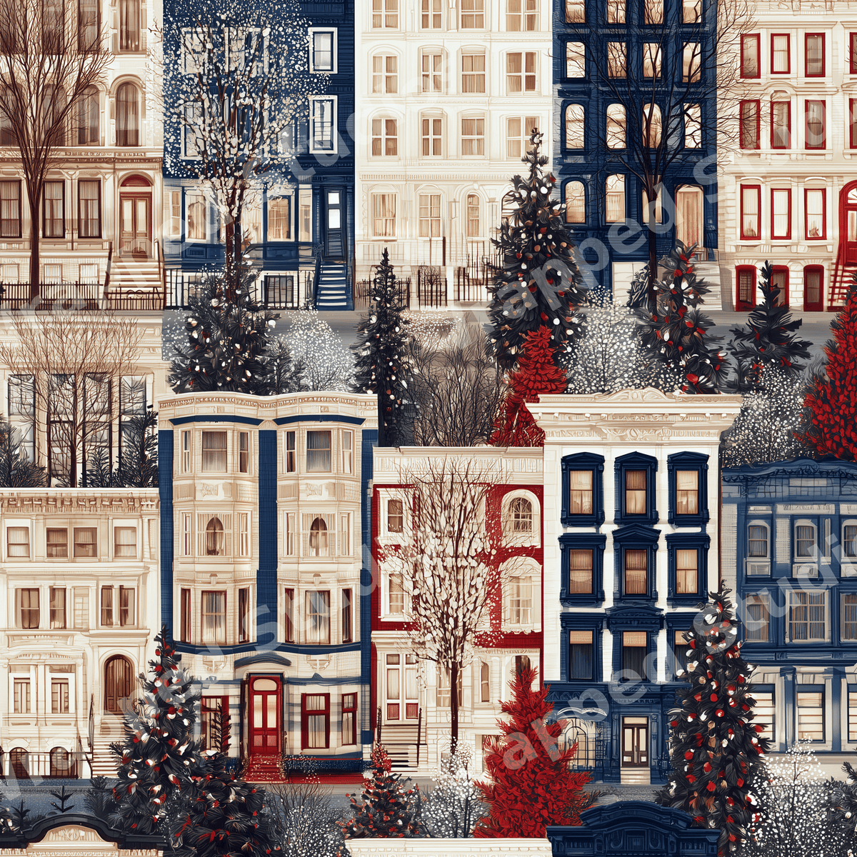 Vintage Christmas village pattern with snowy brownstone townhouses and festive pine trees in navy and red.