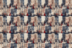Vintage Christmas village pattern with cozy townhouses and winter pine trees in navy blue, cream, and red.
