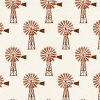 Seamless vintage farmhouse pattern featuring rustic brown windmills on a warm cream background.