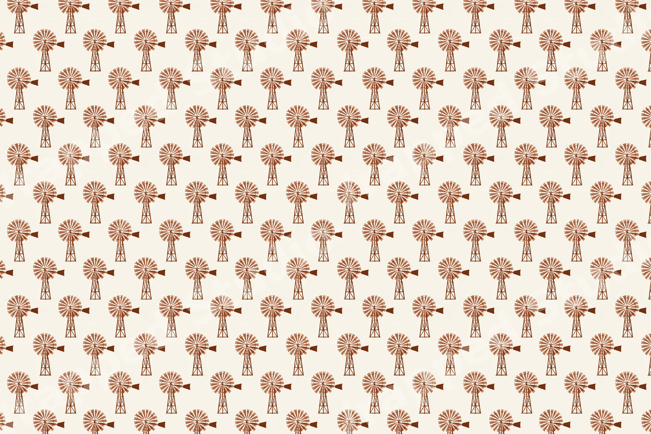 Rustic vintage windmill pattern in warm brown on a cream background, featuring a seamless farmhouse print.