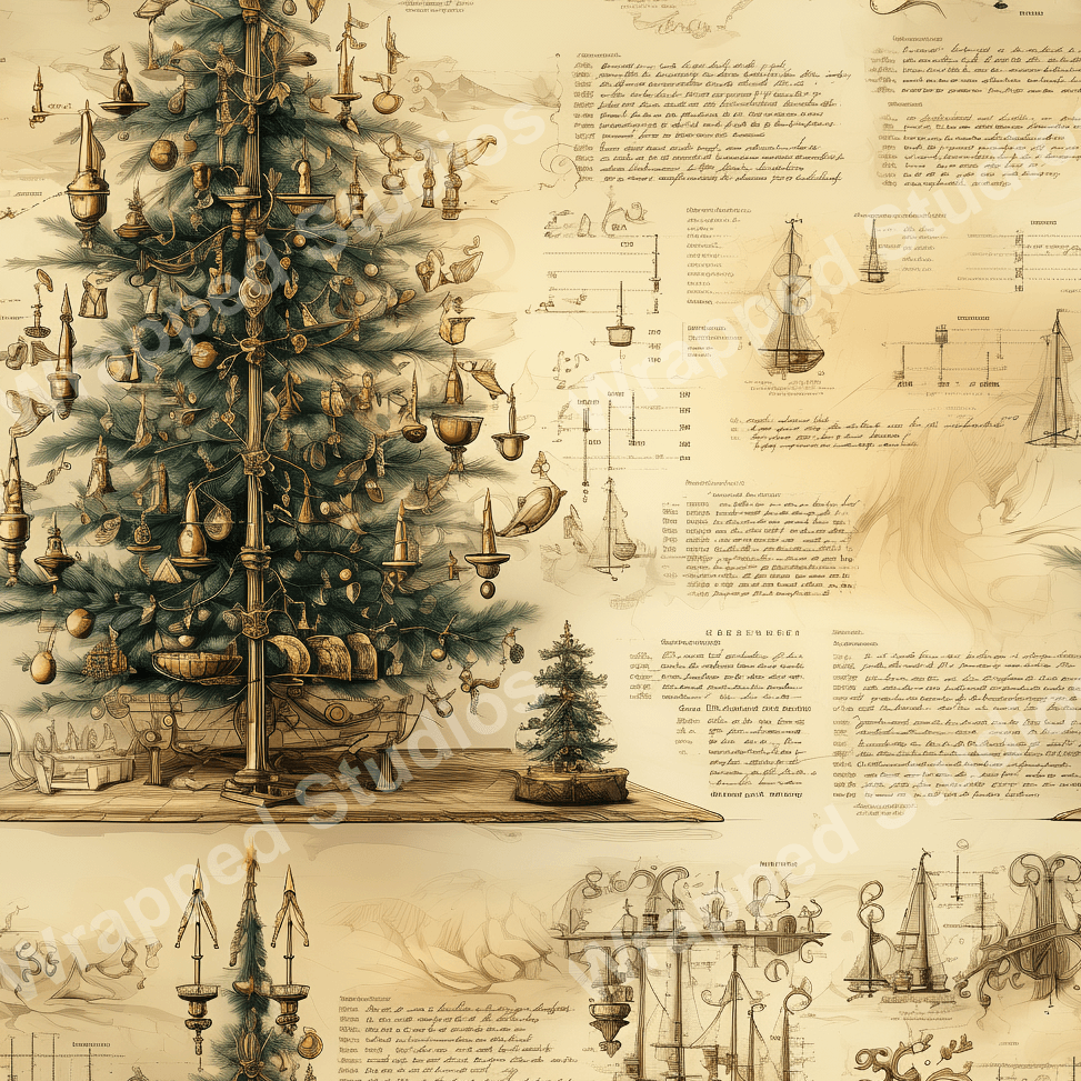 Vintage blueprint design with Christmas tree and apparatus sketches in sepia tones.