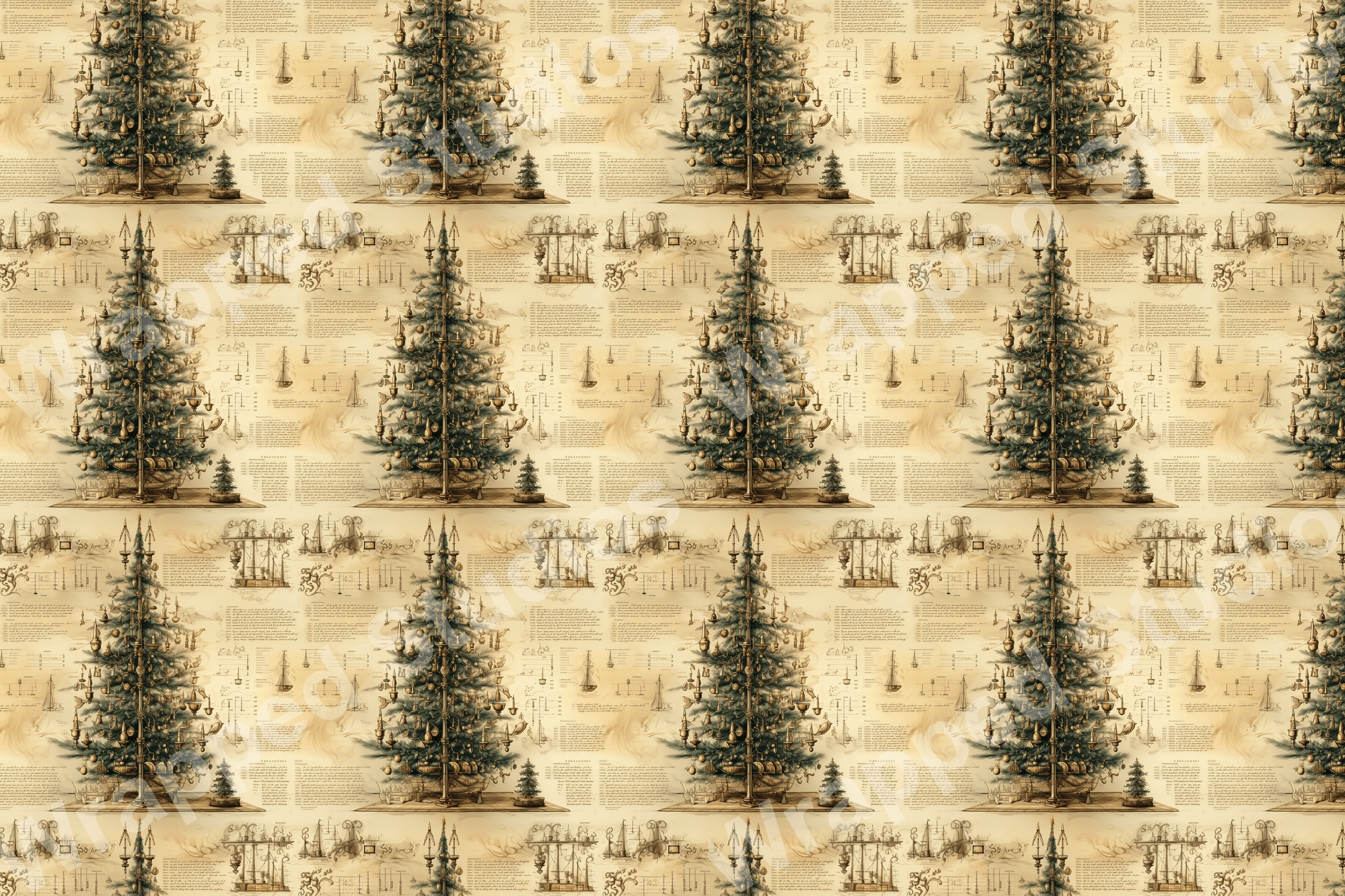 Vintage blueprint pattern with illustrated Christmas trees, script, and sketches.