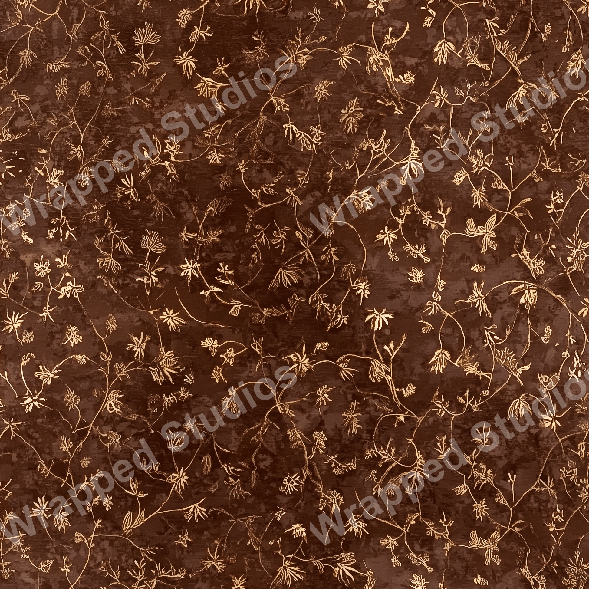 Elegant floral pattern with delicate gold vines and blossoms on a dark brown background.