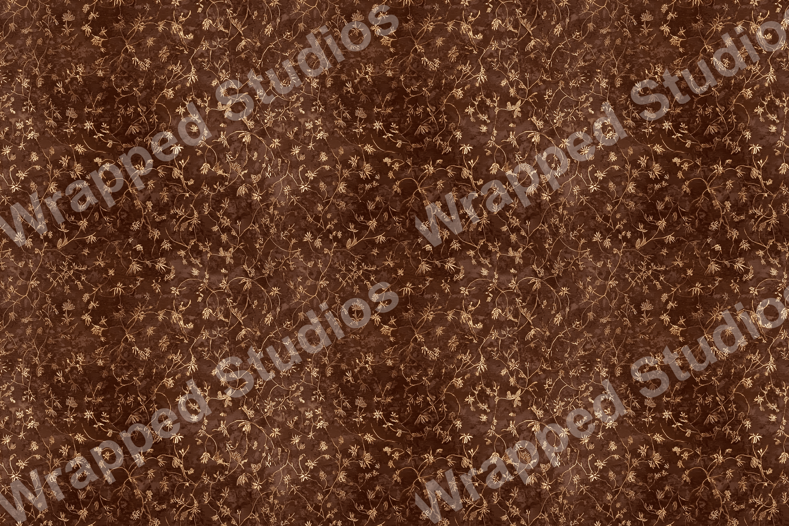 Dark brown botanical pattern with delicate gold leaf and floral accents.