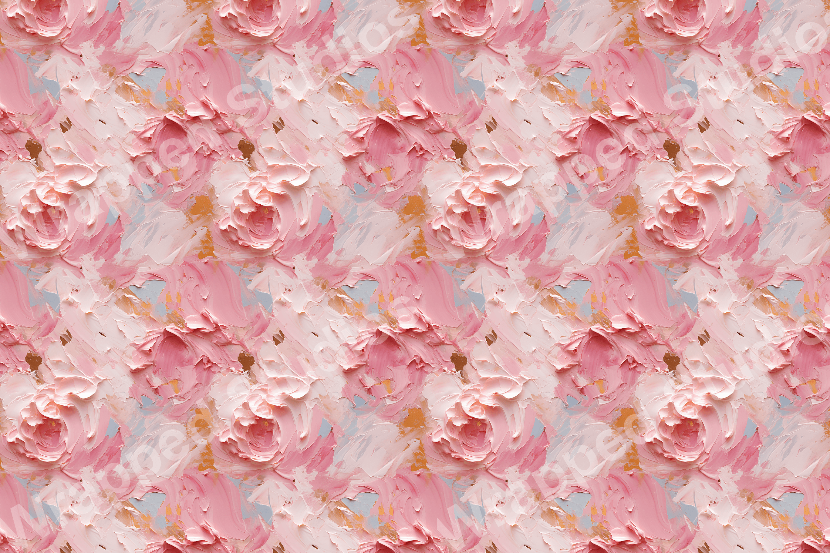 Painterly floral pattern with pink and blush rose blossoms on a pale ground.