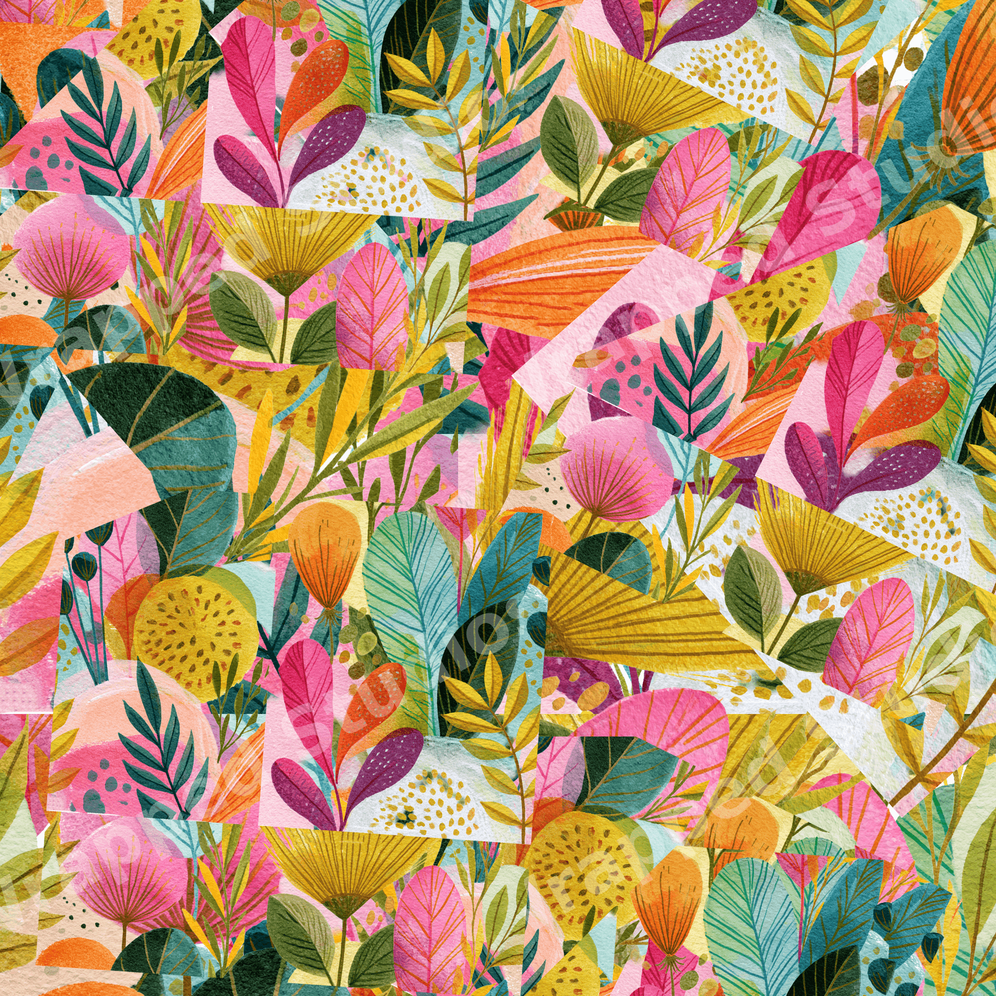 Vibrant watercolor floral pattern with abstract bohemian botanical collage motifs in pink, yellow, and green.