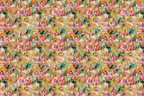 Vibrant botanical pattern featuring hand-painted abstract flowers and leaves in pink, green, and orange.