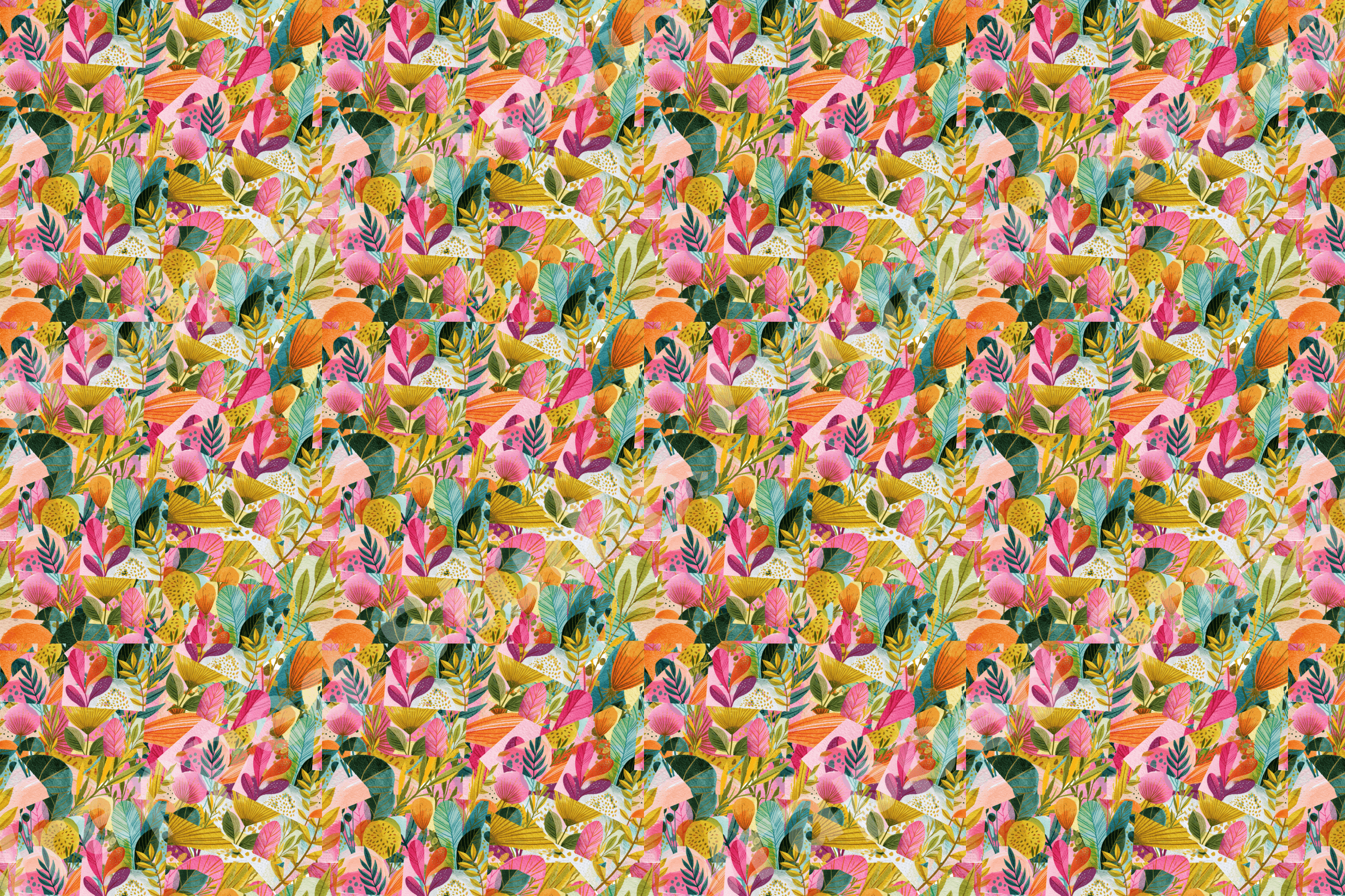 Vibrant botanical pattern featuring hand-painted abstract flowers and leaves in pink, green, and orange.