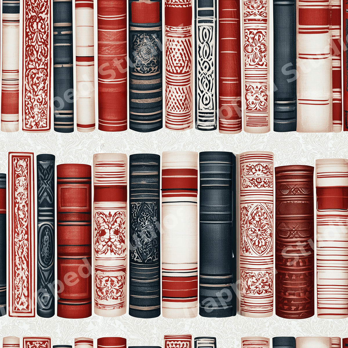 Vintage bookshelf pattern featuring classic red, navy, and cream antique book spines in a library style.
