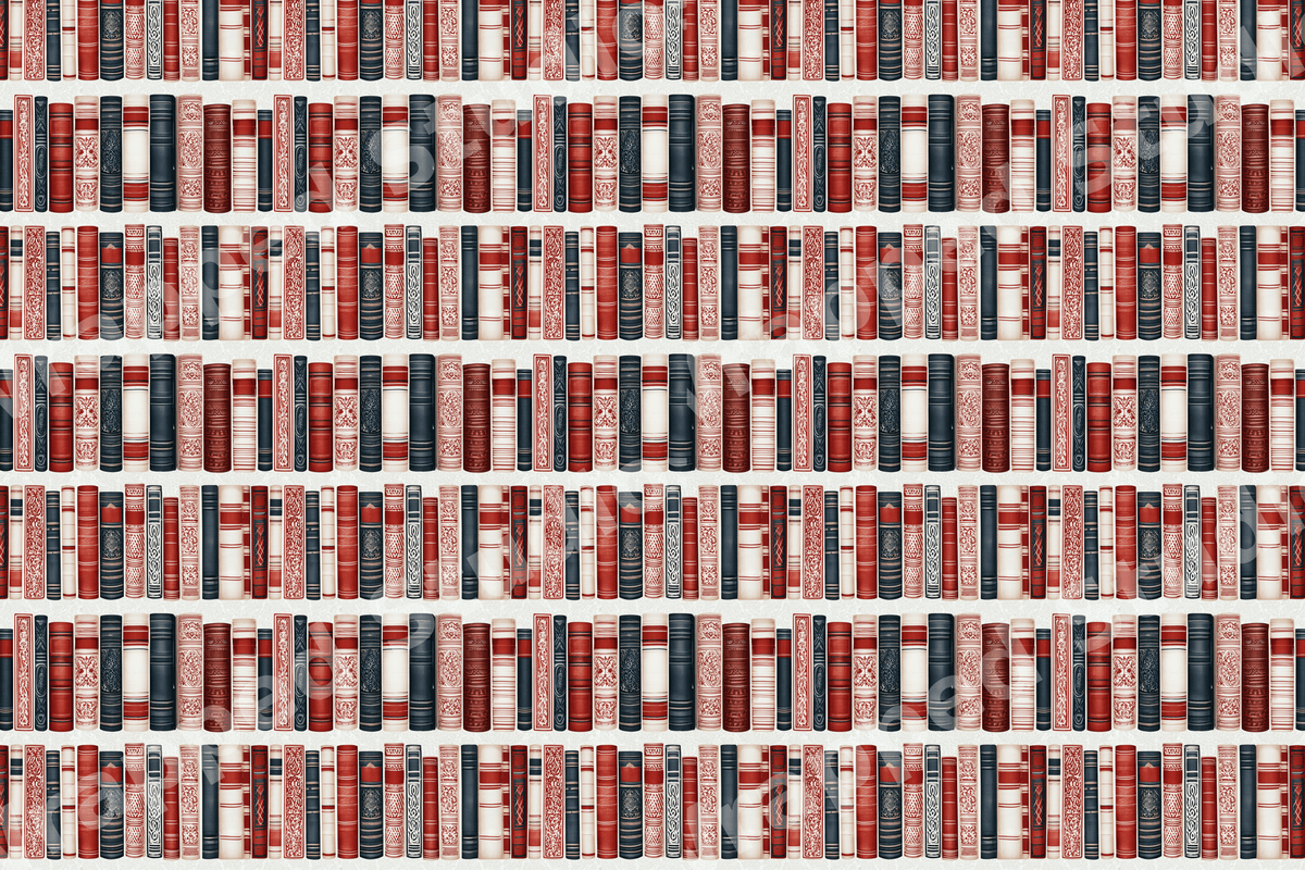 Vintage book pattern featuring rows of antique library book spines in classic red, cream, and navy blue.