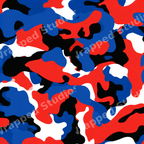 Vibrant red, blue, black, and white seamless camouflage pattern with a bold, modern camo design.