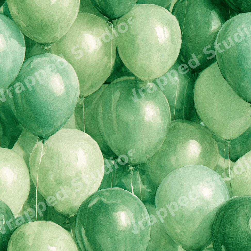 Seamless watercolor balloon pattern featuring hand-painted sage and emerald green party balloons.