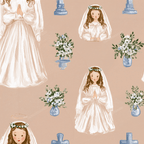 Watercolor First Holy Communion pattern featuring praying girls, blue crosses, and white flowers on peach.