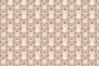 Watercolor first communion pattern with praying girls in white dresses, blue crosses, and flowers on beige.