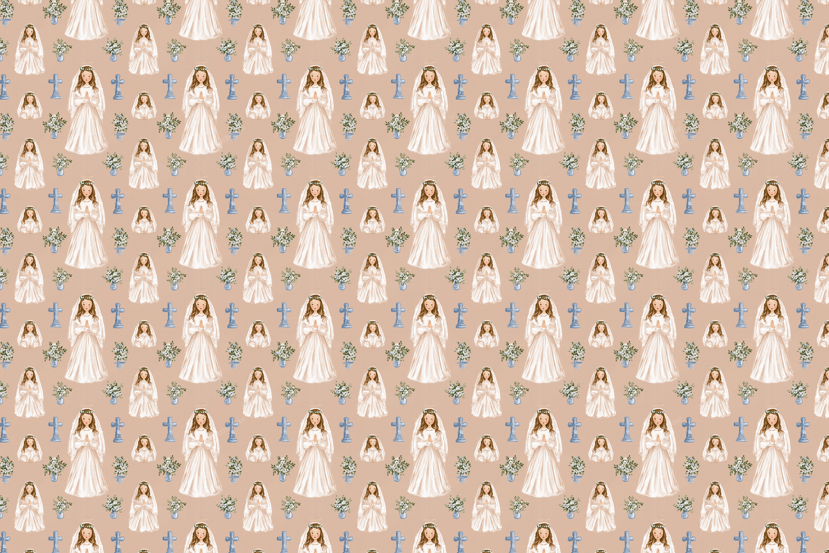 Watercolor first communion pattern with praying girls in white dresses, blue crosses, and flowers on beige.