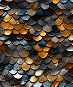 Metallic scallop tile pattern in shades of gold, blue, brown, and gray creates a modern abstract print.