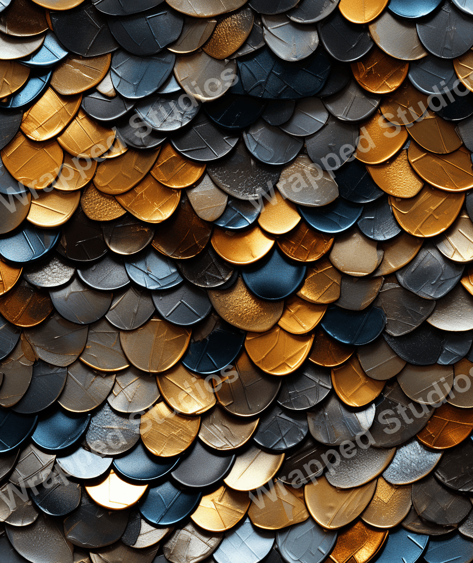 Metallic scallop tile pattern in shades of gold, blue, brown, and gray creates a modern abstract print.