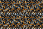 Seamless pattern design with metallic gold, blue, and black fish scale motifs.