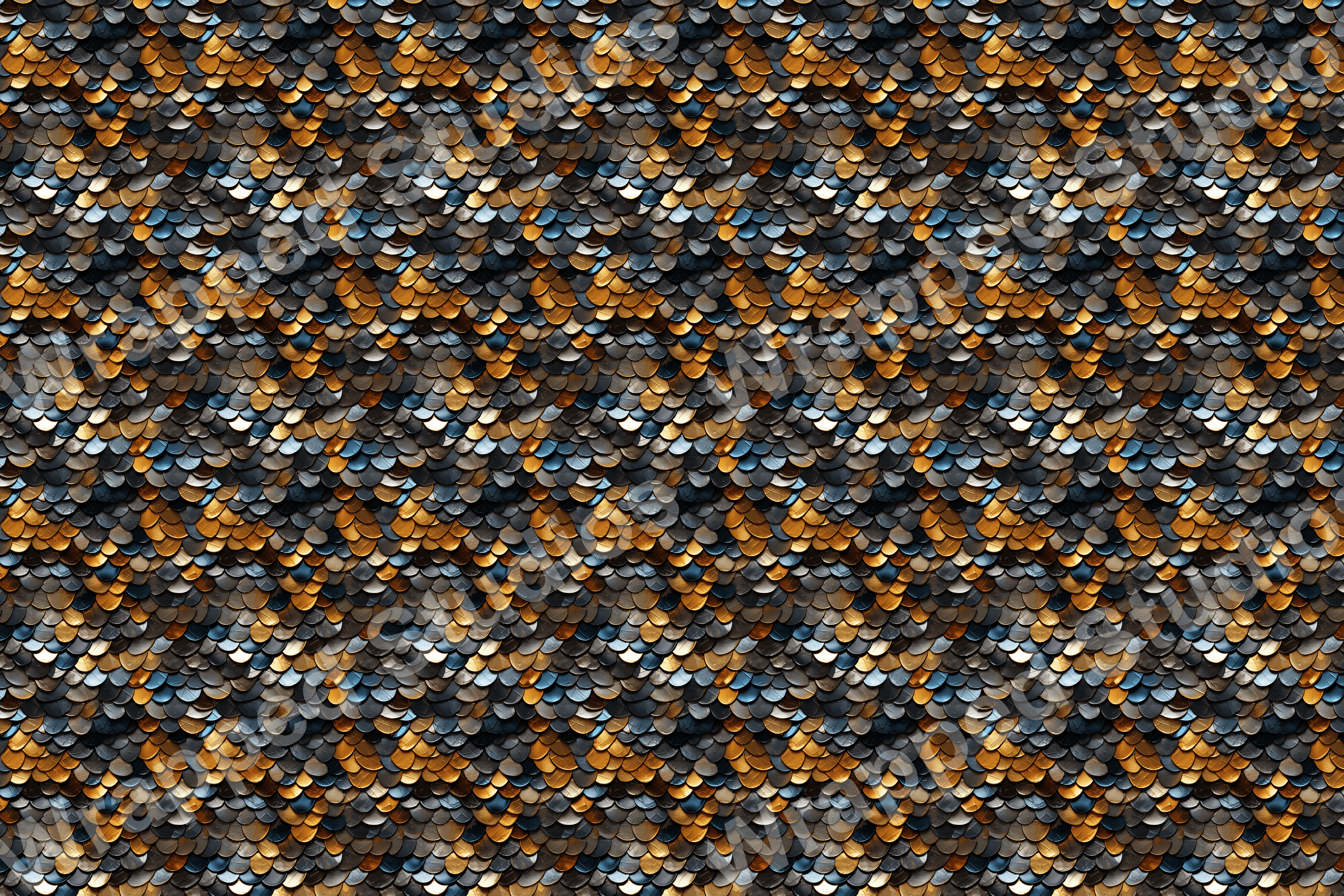 Seamless pattern design with metallic gold, blue, and black fish scale motifs.
