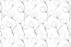 Modern botanical seamless pattern with delicate black and white translucent leaves on elegant winding stems.