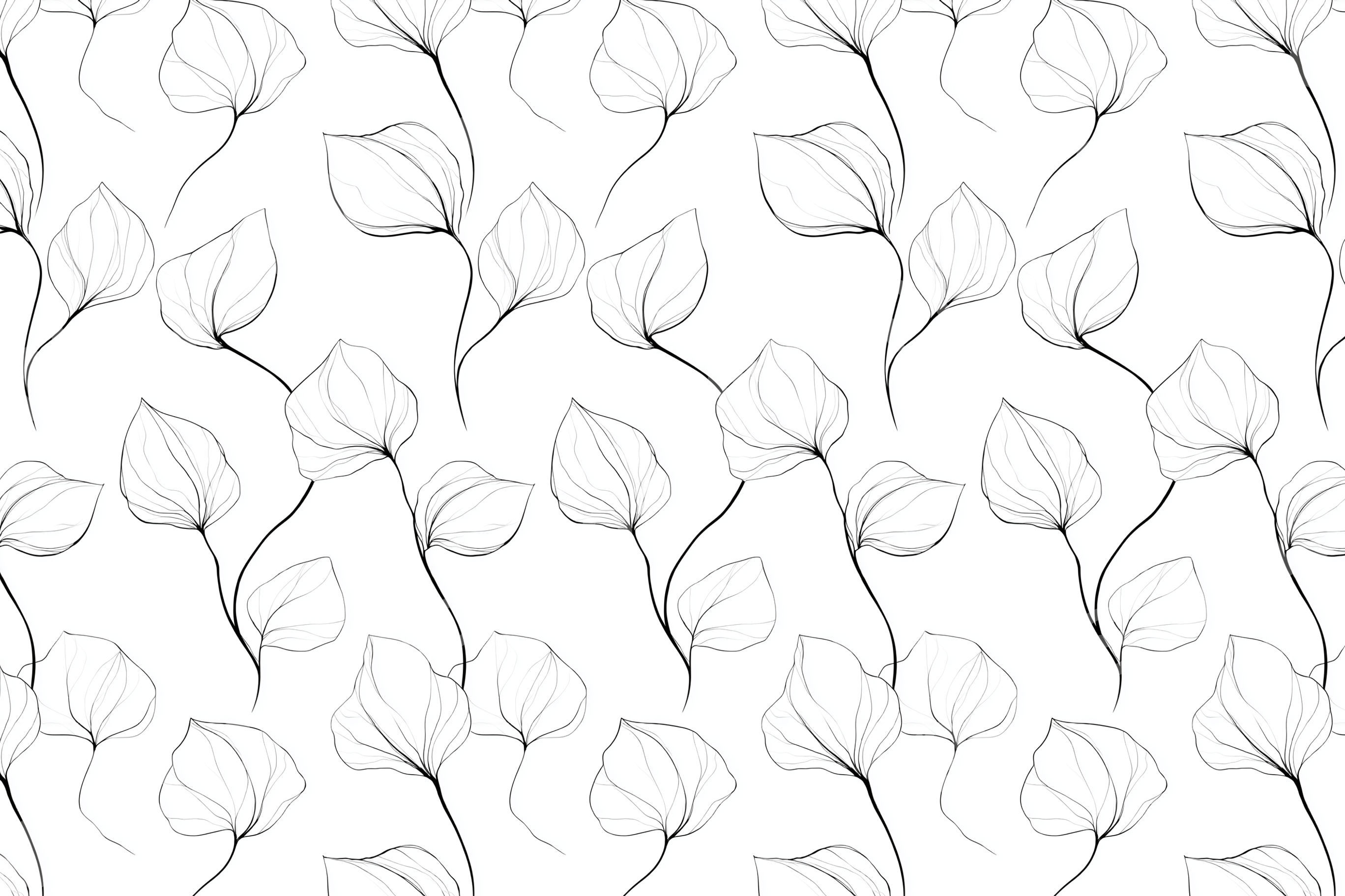 Modern botanical seamless pattern with delicate black and white translucent leaves on elegant winding stems.