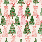 Whimsical watercolor Christmas tree pattern in pink and green with bows on a cream background.