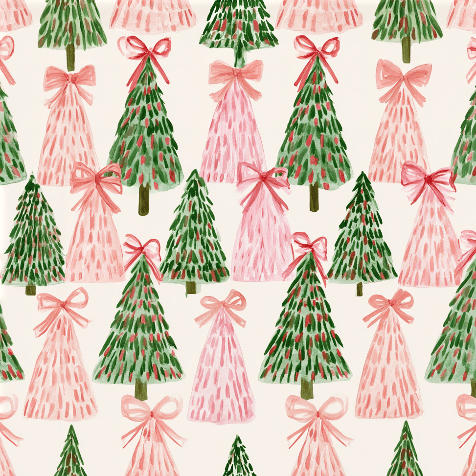 Whimsical watercolor Christmas tree pattern in pink and green with bows on a cream background.