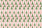 Whimsical pink and green watercolor Christmas tree pattern with delicate bows on a cream background.