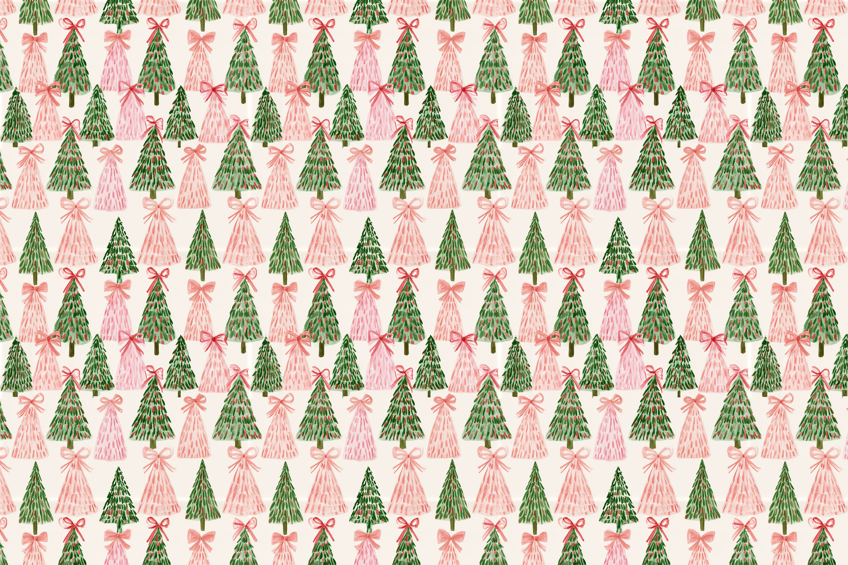 Whimsical pink and green watercolor Christmas tree pattern with delicate bows on a cream background.