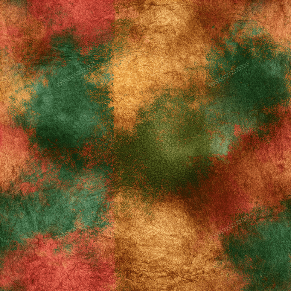 Abstract metallic patina pattern with distressed gold, copper red, and forest green grunge textures.
