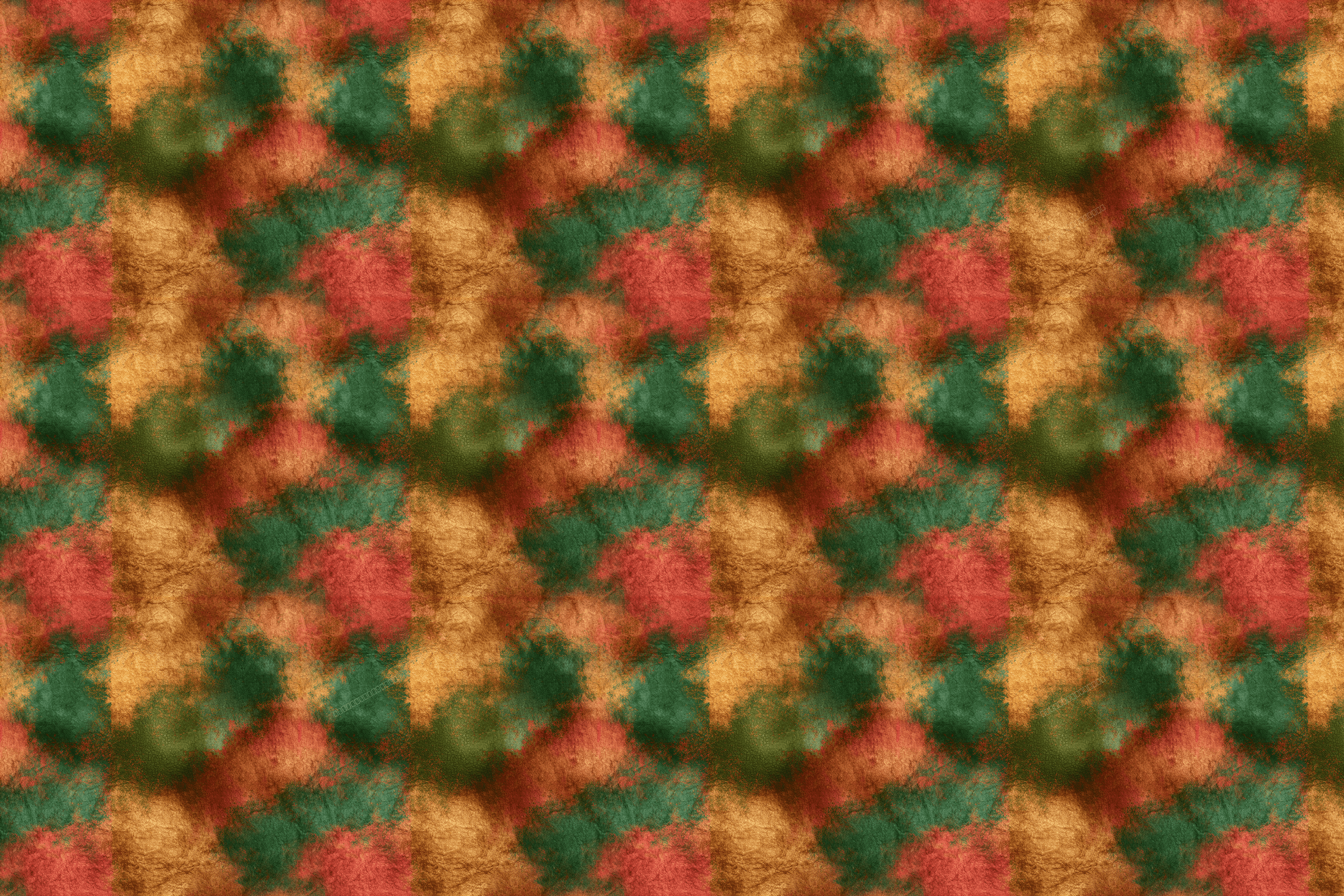 Rustic abstract geometric pattern in distressed earthy green, terracotta, and gold watercolor textures.