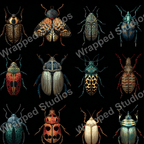 Detailed entomological pattern of colorful beetles on black, featuring vintage insect illustrations.