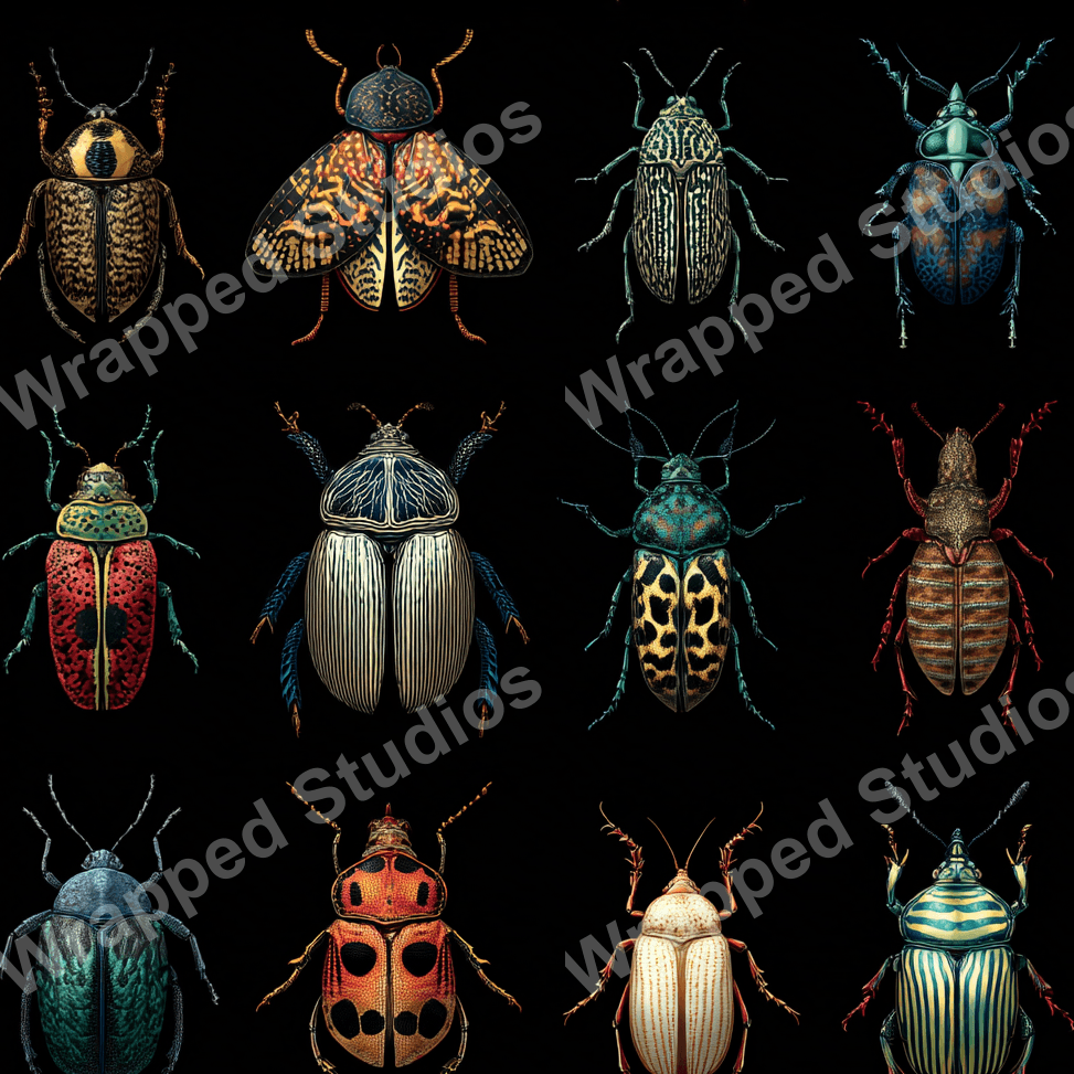 Detailed entomological pattern of colorful beetles on black, featuring vintage insect illustrations.