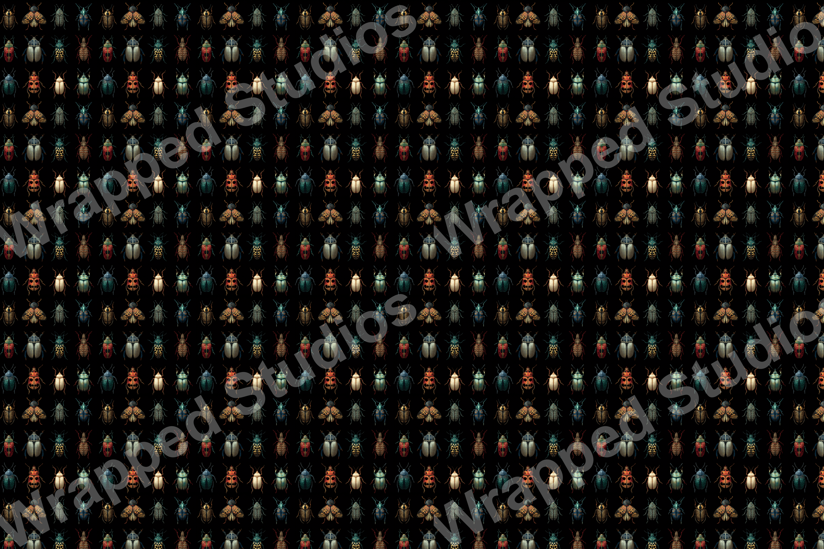 A dense insect pattern with iridescent beetle illustrations in teal, copper, and ivory tones on a black backdrop.