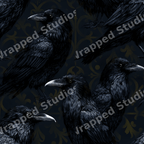 Gothic raven pattern featuring detailed black crows on a dark vintage damask background.