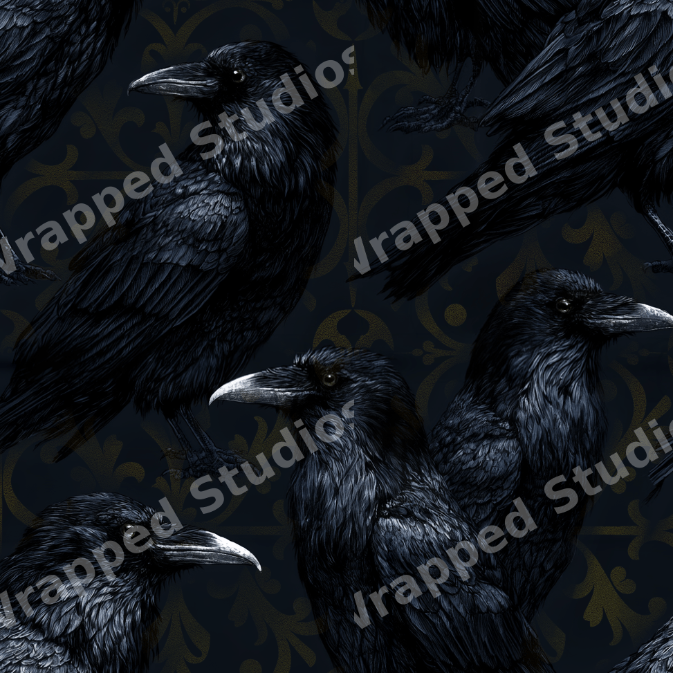 Gothic raven pattern featuring detailed black crows on a dark vintage damask background.