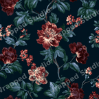 Moody floral pattern with vintage dark red peonies and deep green leaves on a black background.