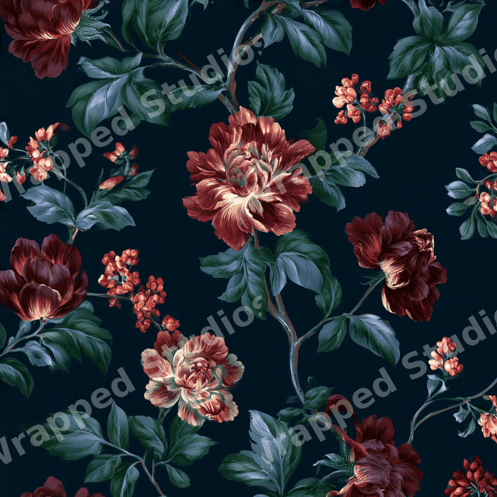 Moody floral pattern with vintage dark red peonies and deep green leaves on a black background.