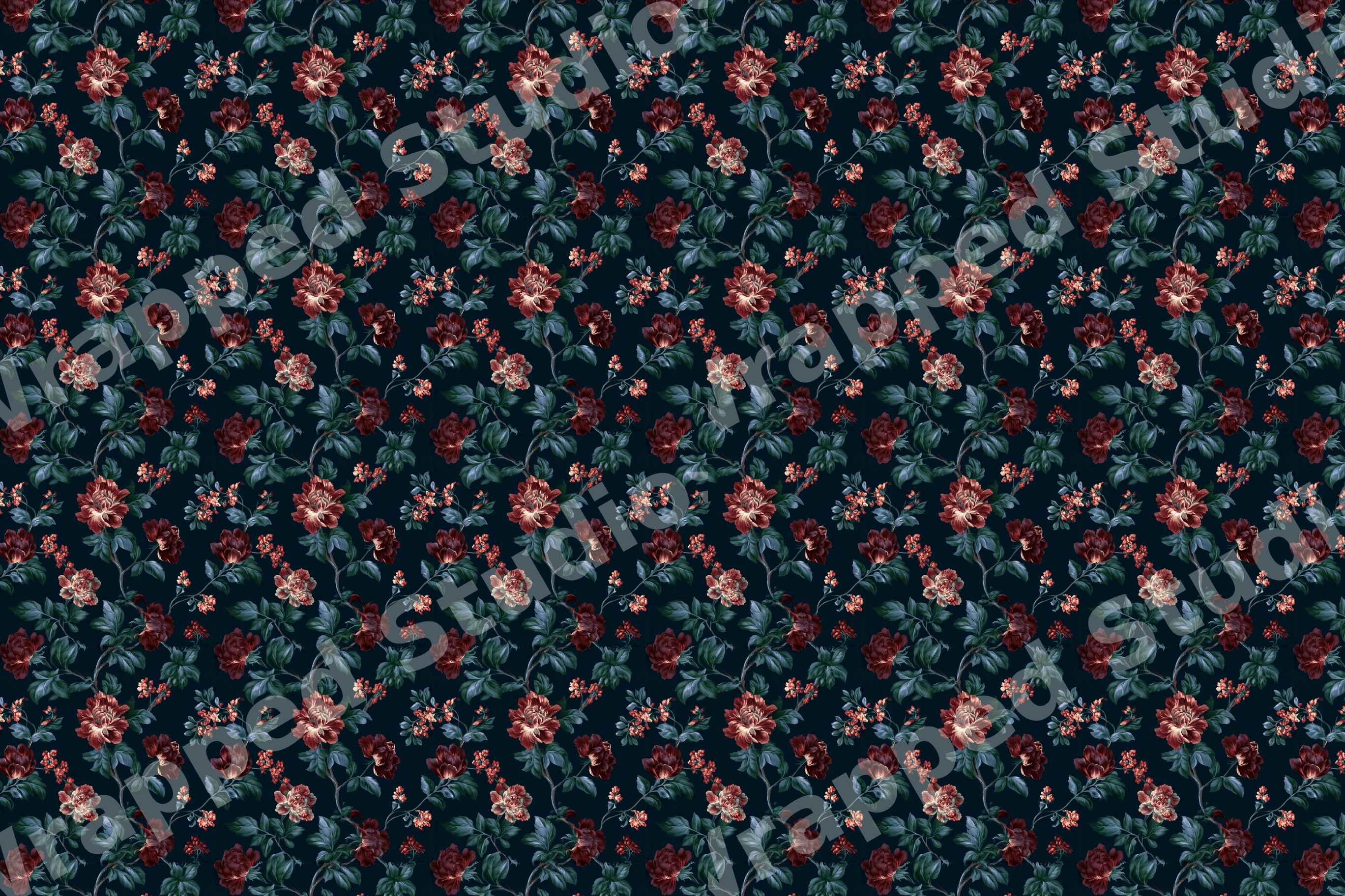 Vintage botanical design with elegant dark red roses and green foliage on a moody black background.