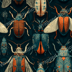 Detailed beetle pattern in shades of teal, orange, and cream against a dark botanical background.