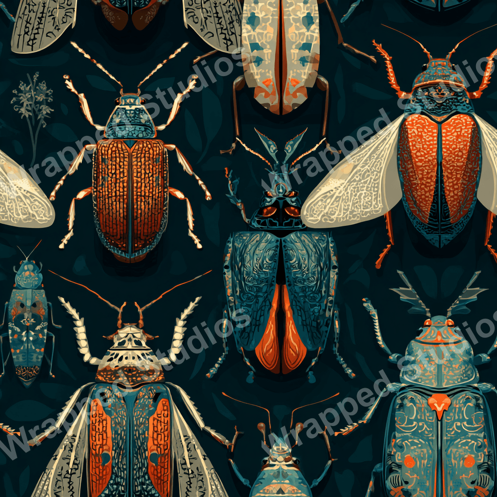 Detailed beetle pattern in shades of teal, orange, and cream against a dark botanical background.