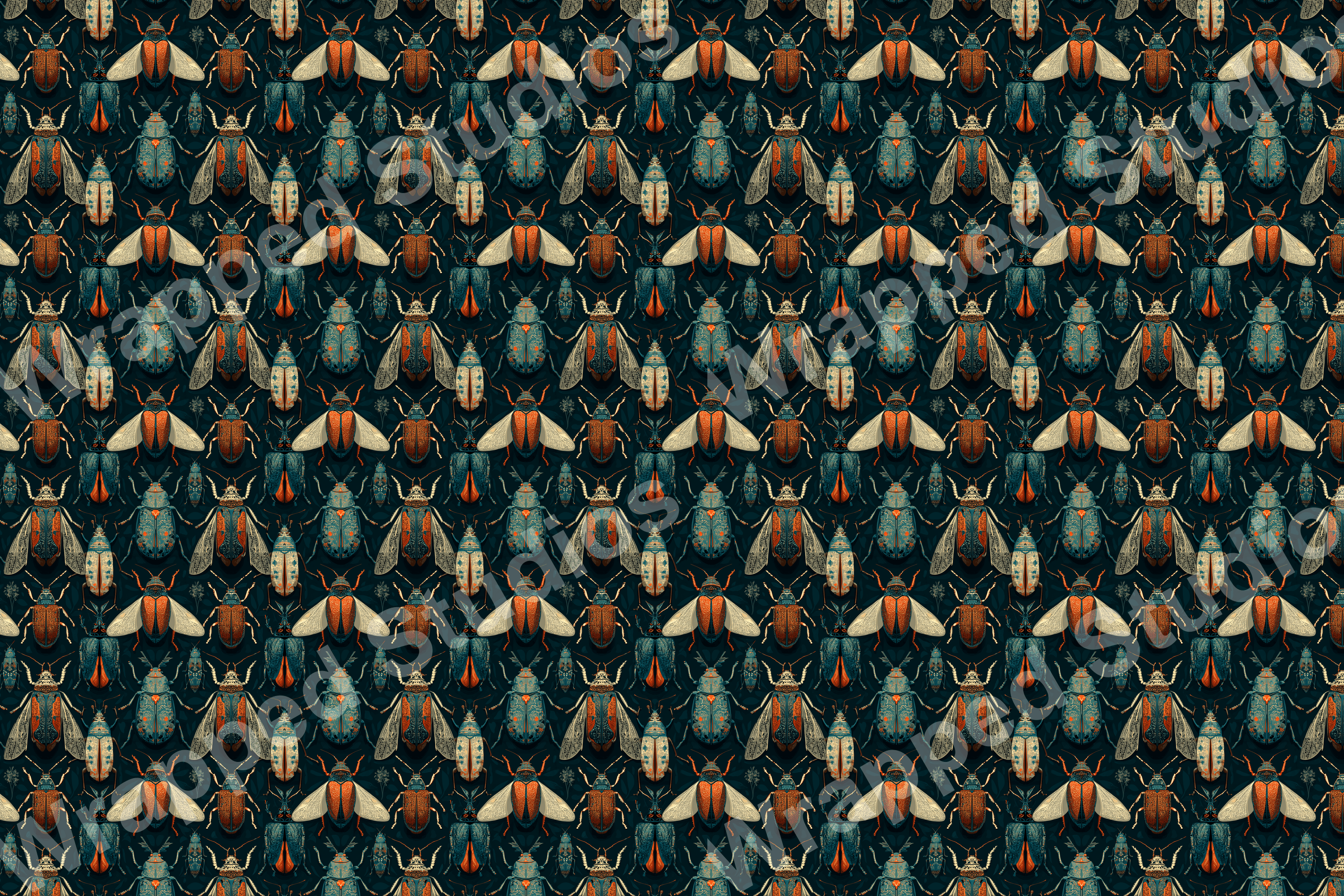 Detailed entomological pattern design featuring beetles in teal, cream, and rust tones on a dark background.