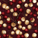 Elegant winter berry pattern featuring metallic gold and red berries on a textured burgundy background.