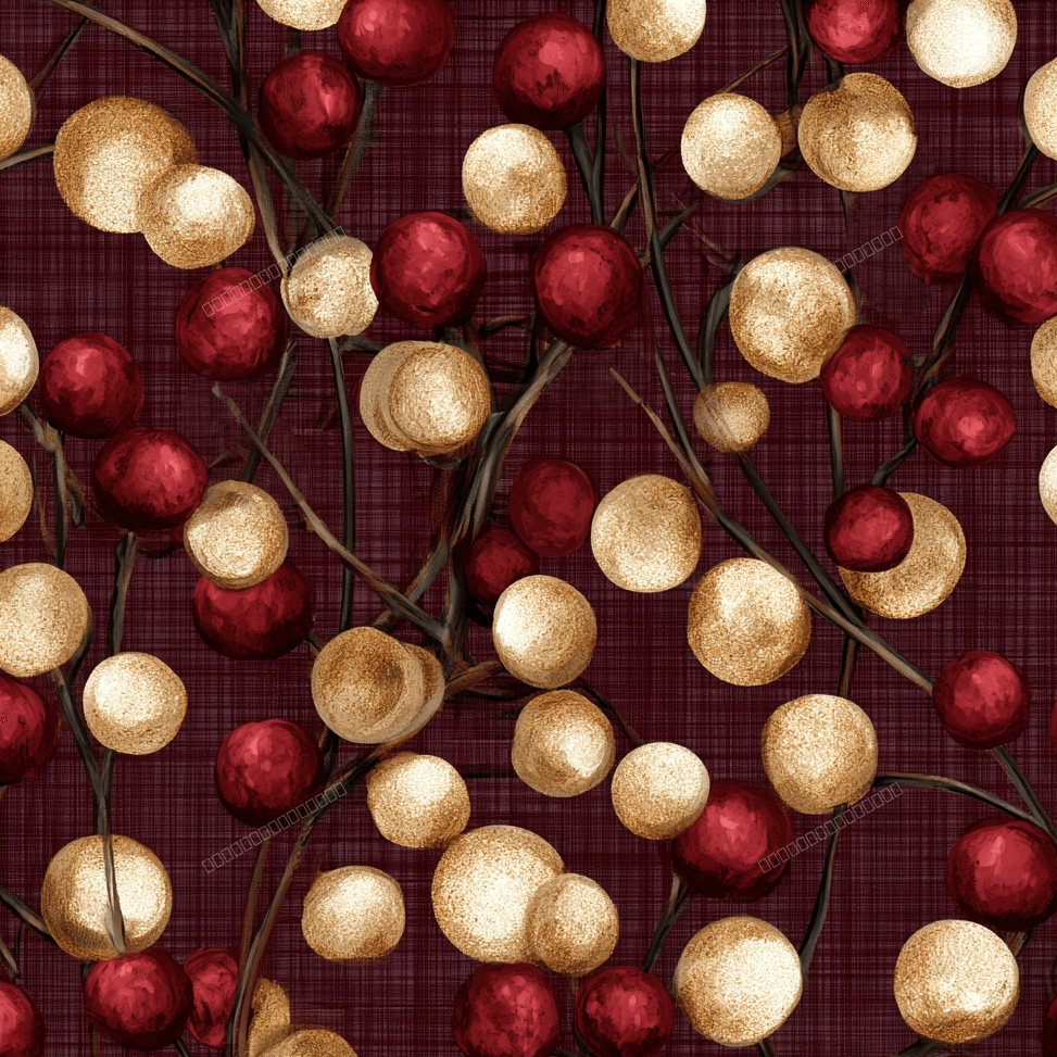Elegant winter berry pattern featuring metallic gold and red berries on a textured burgundy background.