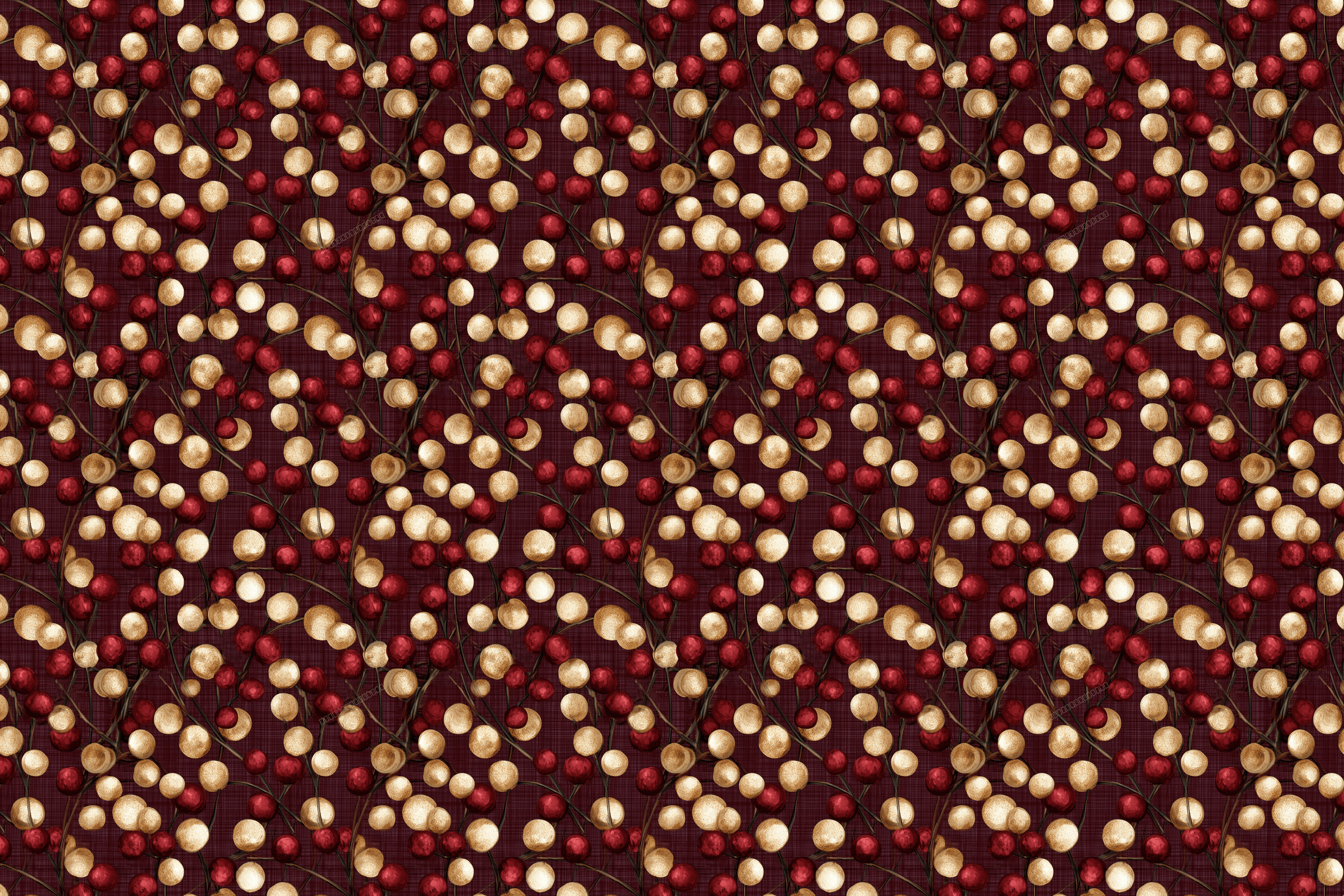 Festive holiday pattern featuring gold and red winter berries on a deep burgundy textured background.