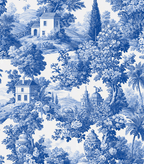 Classic blue and white chinoiserie toile pattern featuring vintage landscapes and country houses.